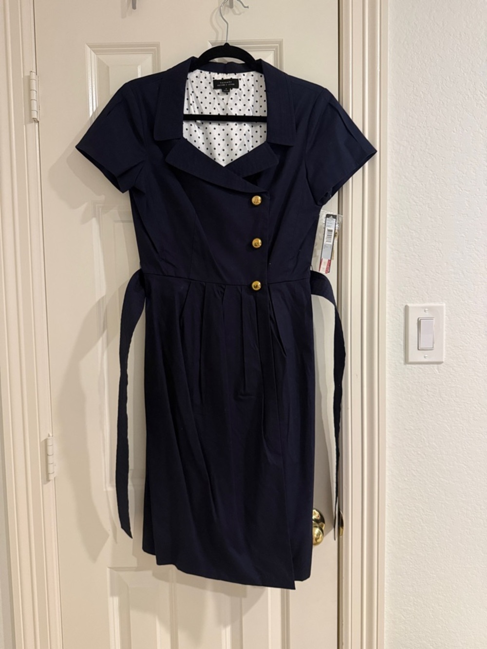 Tahari Navy Short-Sleeve Wrap Dress with Gold Buttons